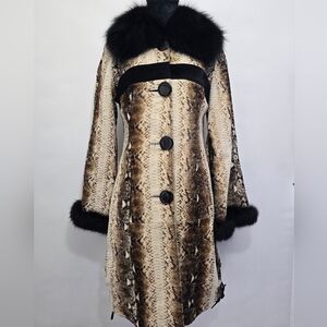 Genuine Kangaroo Suede Leather Coat Fox Fur Collar Snake Print Women Size 42